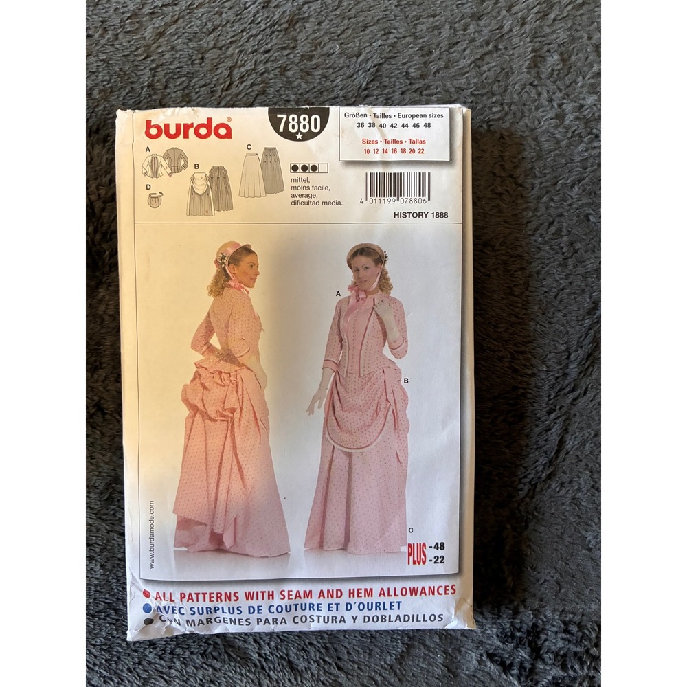 Burda 7880 History 1888 Victorian Bustle Dress Sewing Pattern Size 10-22 Uncut